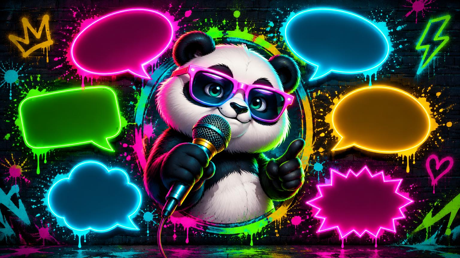 Panda mit Mikrofon im Kreis aus leuchtenden Sprechblasen