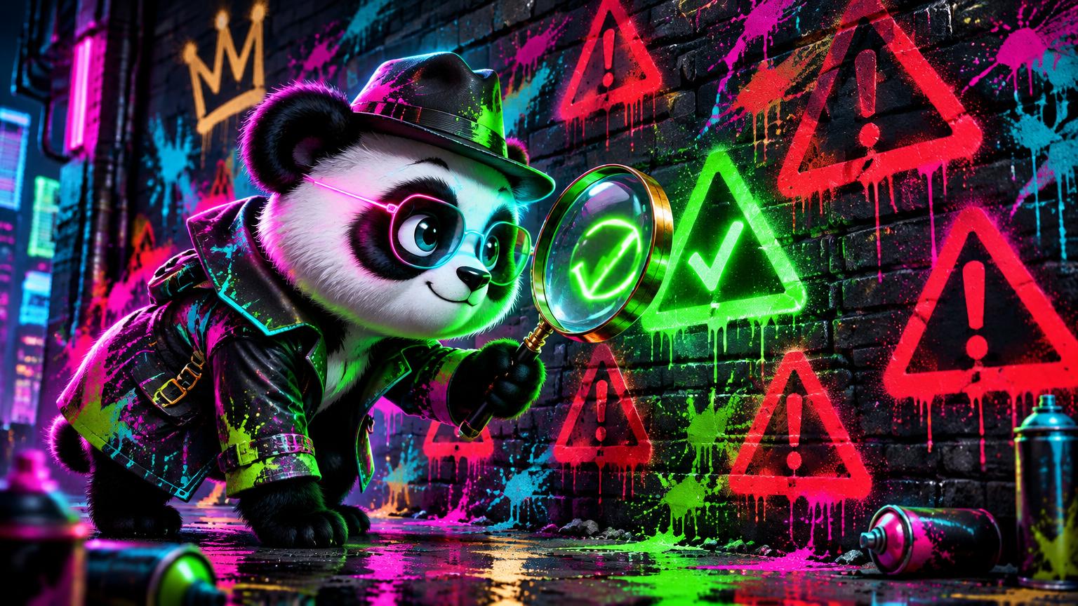 Panda-Detektiv mit Lupe vor Warnschildern und grünem Haken
