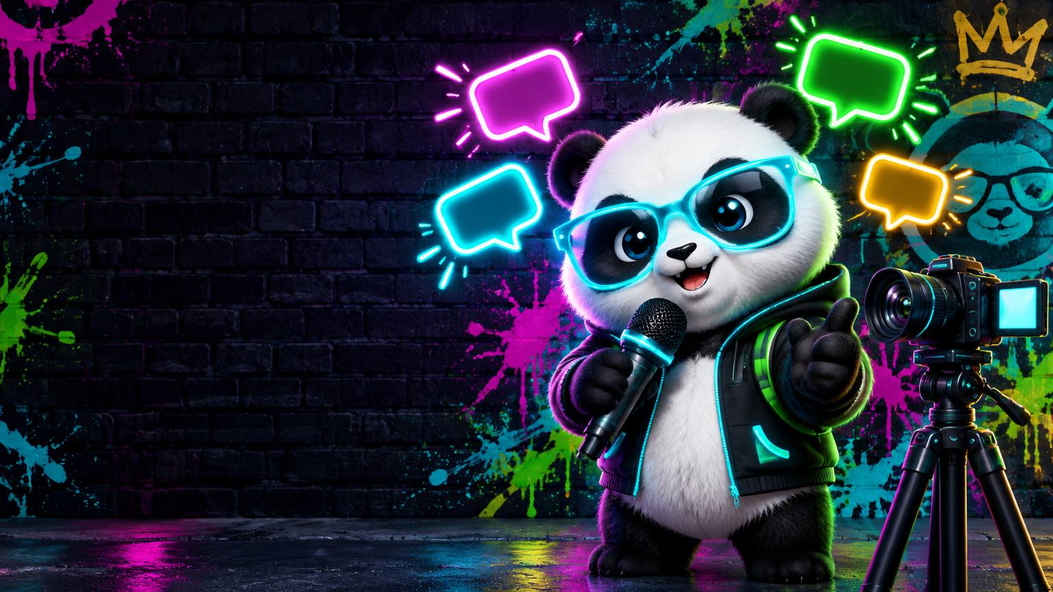 Panda mit Neonbrille und Mikrofon neben einer Kamera vor einer Graffiti-Backsteinwand
