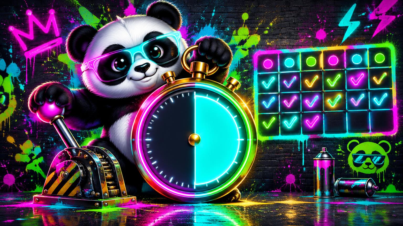 Panda mit Neon-Stoppuhr, Hebel und Wochenkalender