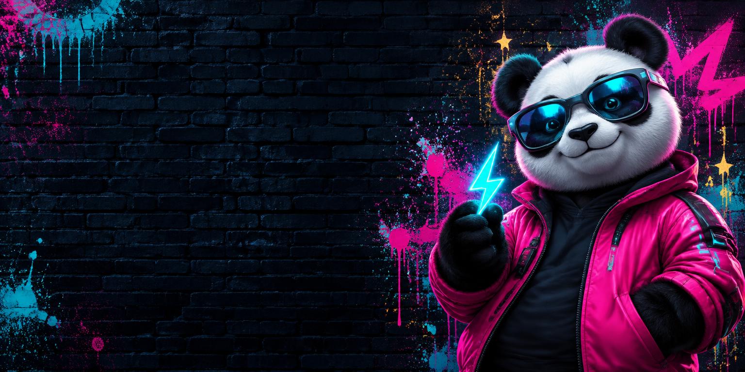 Cooler Cartoon-Panda mit Neonbrille vor einer Graffiti-Backsteinwand