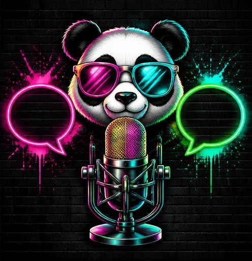 Panda mit Mikrofon und Kommentar-Blasen